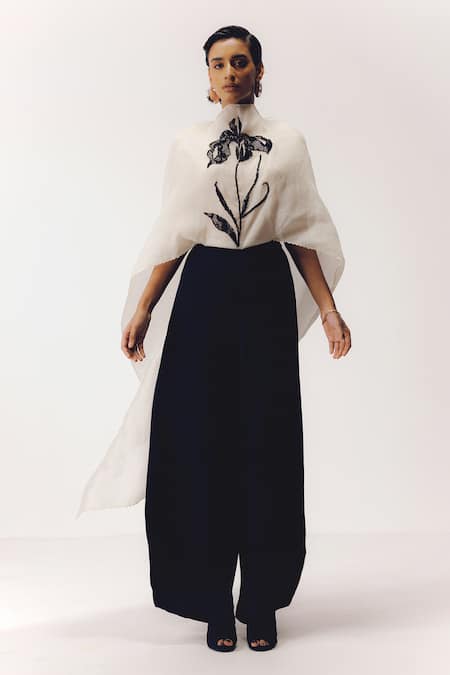 Richa Khemka_White Organza, Modal Embroidery, Sequins High Neck Poppy Floral Top And Pant _Online_at_Aza_Fashions