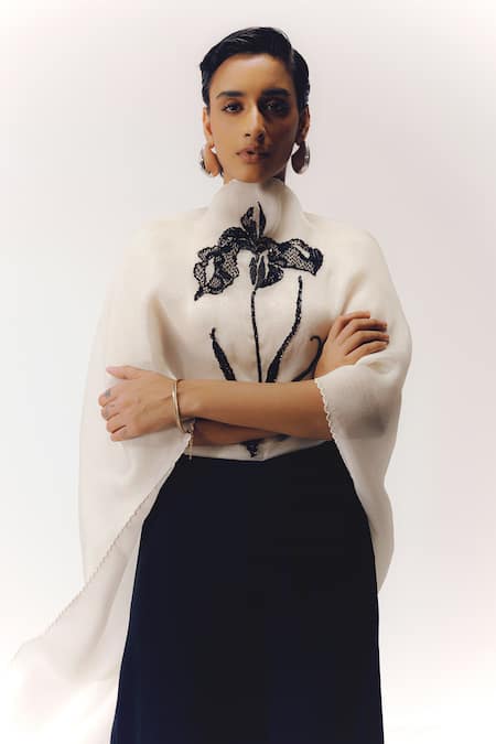Buy_Richa Khemka_White Organza, Modal Embroidery, Sequins High Neck Poppy Floral Top And Pant _Online_at_Aza_Fashions