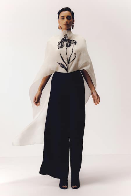 Shop_Richa Khemka_White Organza, Modal Embroidery, Sequins High Neck Poppy Floral Top And Pant _Online_at_Aza_Fashions