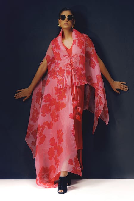 Richa Khemka Pink Modal Satin Print Floral Shawl Collar Roziena Pattern Overlay With Dress 