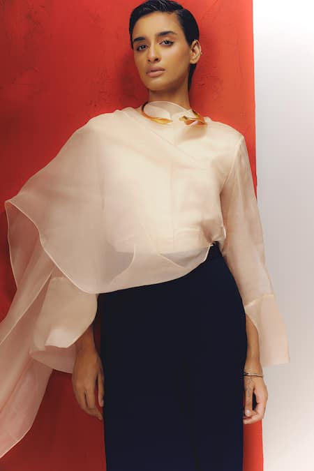 Richa Khemka_Pink Modal, Georgette Asymmetric Sassifraga Structured Top With Pant _Online_at_Aza_Fashions