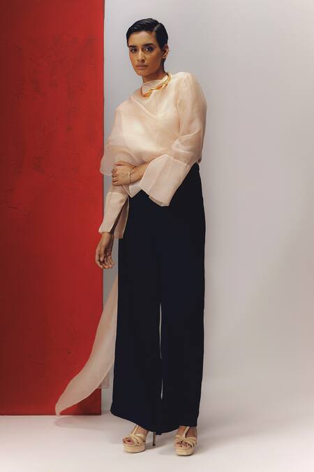 Buy_Richa Khemka_Pink Modal, Georgette Asymmetric Sassifraga Structured Top With Pant _Online_at_Aza_Fashions