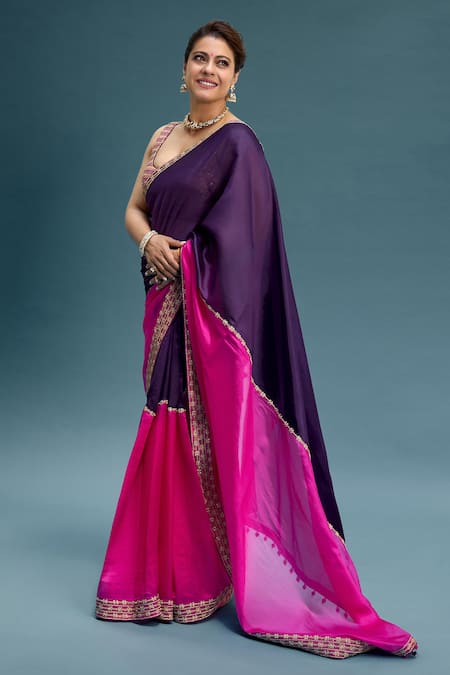 PUNIT BALANA Purple Saree Organza Silk Embroidered Salma Scoop With Blouse 