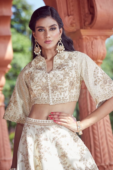 Azeera_Ivory , Satin Embroidery, Sequins V-neck Rose Vine Lehenga Set _at_Aza_Fashions