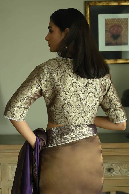 Shop_Shorshe Clothing_Brown Brocade Lace Detailed Saree Blouse_at_Aza_Fashions
