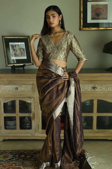 Buy_Shorshe Clothing_Brown Brocade Lace Detailed Saree Blouse_Online_at_Aza_Fashions