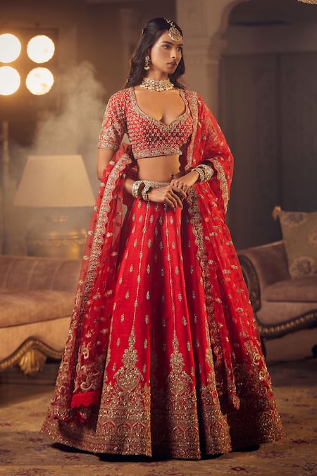 Shop Azeera Red Silk Sequins, Zari, Tassels Zeenath Floral Embroidered Bridal Lehenga Set at Aza Fashions Shop_Azeera_Red Silk Sequins, Zari, Tassels Zeenath Floral Embroidered Bridal Lehenga Set _at_Aza_Fashions