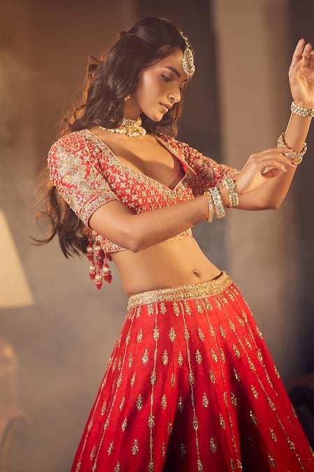 Azeera Red Silk Sequins, Zari, Tassels Zeenath Floral Embroidered Bridal Lehenga Set Online at Aza Fashions Azeera_Red Silk Sequins, Zari, Tassels Zeenath Floral Embroidered Bridal Lehenga Set _Online_at_Aza_Fashions