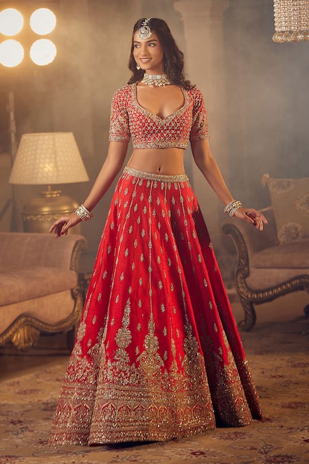 Buy Azeera Red Silk Sequins, Zari, Tassels Zeenath Floral Embroidered Bridal Lehenga Set Online at Aza Fashions Buy_Azeera_Red Silk Sequins, Zari, Tassels Zeenath Floral Embroidered Bridal Lehenga Set _Online_at_Aza_Fashions
