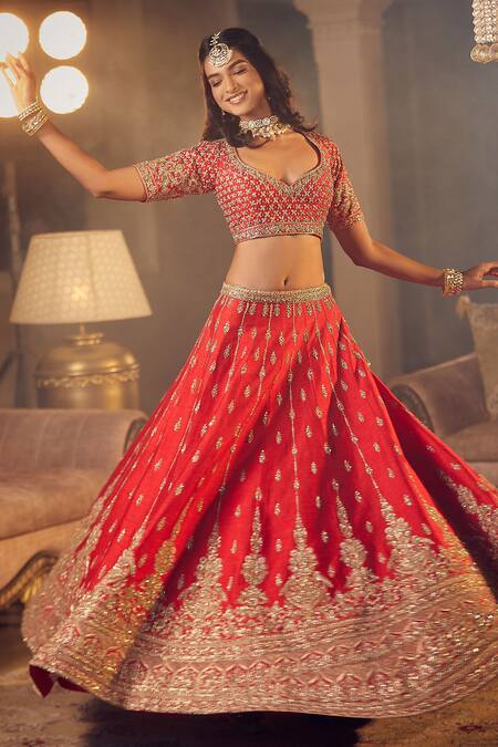 Shop Azeera Red Silk Sequins, Zari, Tassels Zeenath Floral Embroidered Bridal Lehenga Set Online at Aza Fashions Shop_Azeera_Red Silk Sequins, Zari, Tassels Zeenath Floral Embroidered Bridal Lehenga Set _Online_at_Aza_Fashions