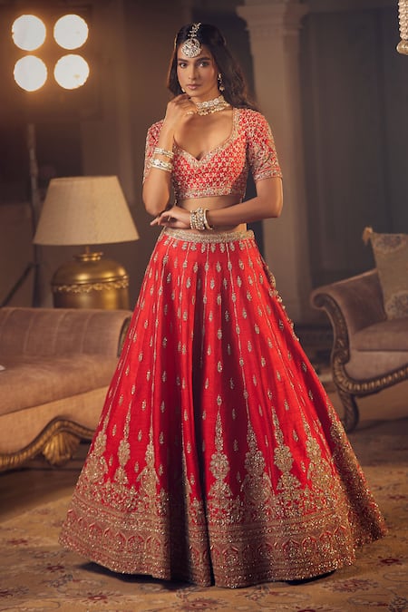 Azeera Red Silk Sequins, Zari, Tassels Zeenath Floral Embroidered Bridal Lehenga Set at Aza Fashions Azeera_Red Silk Sequins, Zari, Tassels Zeenath Floral Embroidered Bridal Lehenga Set _at_Aza_Fashions