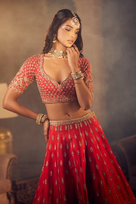 Buy Azeera Red Silk Sequins, Zari, Tassels Zeenath Floral Embroidered Bridal Lehenga Set Buy_Azeera_Red Silk Sequins, Zari, Tassels Zeenath Floral Embroidered Bridal Lehenga Set