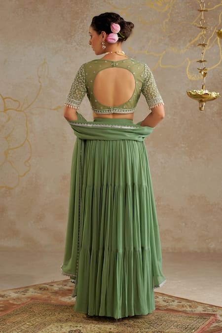 Shop Chhavvi Aggarwal Green Georgette, Linen Pearls, Sequins, Beads Round Tiered Plain Lehenga Set at Aza Fashions Shop_Chhavvi Aggarwal_Green Georgette, Linen Pearls, Sequins, Beads Round Tiered Plain Lehenga Set _at_Aza_Fashions