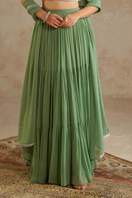 Chhavvi Aggarwal Green Georgette, Linen Pearls, Sequins, Beads Round Tiered Plain Lehenga Set Online at Aza Fashions Chhavvi Aggarwal_Green Georgette, Linen Pearls, Sequins, Beads Round Tiered Plain Lehenga Set _Online_at_Aza_Fashions