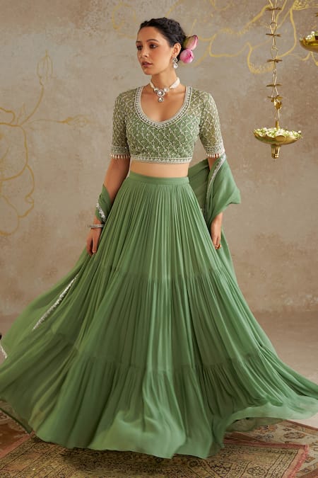 Buy Chhavvi Aggarwal Green Georgette, Linen Pearls, Sequins, Beads Round Tiered Plain Lehenga Set Online at Aza Fashions Buy_Chhavvi Aggarwal_Green Georgette, Linen Pearls, Sequins, Beads Round Tiered Plain Lehenga Set _Online_at_Aza_Fashions