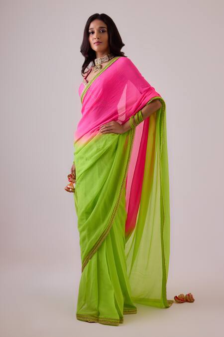 Nikasha Green Silk Gota Patti, Tassels Sweetheart Ombre Embroidered Saree With Blouse at Aza Fashions Nikasha_Green Silk Gota Patti, Tassels Sweetheart Ombre Embroidered Saree With Blouse _at_Aza_Fashions