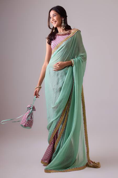 Buy Nikasha Blue Georgette, Silk, Crepe Gota Patti, Printed Border Saree With Blouse Online at Aza Fashions Buy_Nikasha_Blue Georgette, Silk, Crepe Gota Patti, Printed Border Saree With Blouse _Online_at_Aza_Fashions