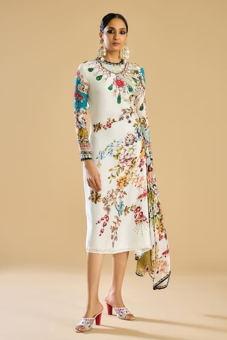 Rajdeep Ranawat Gardenia Print Embellished Midi Dress 