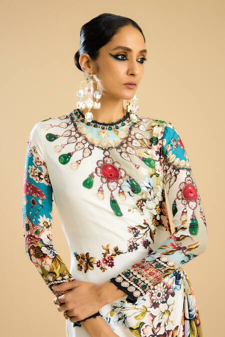 Shop_Rajdeep Ranawat_Ivory Silk Crystals High Neck Gardenia Print Embellished Midi Dress _Online_at_Aza_Fashions
