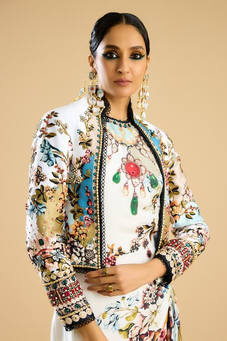 Rajdeep Ranawat_Ivory Crystals Collared Gardenia Print Embellished Bolero Jacket _Online_at_Aza_Fashions