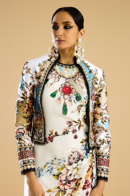 Buy_Rajdeep Ranawat_Ivory Crystals Collared Gardenia Print Embellished Bolero Jacket _Online_at_Aza_Fashions