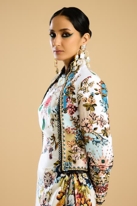 Rajdeep Ranawat_Ivory Crystals Collared Gardenia Print Embellished Bolero Jacket _at_Aza_Fashions