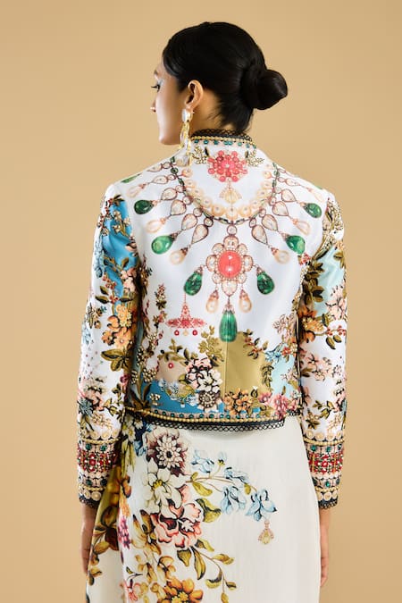 Buy_Rajdeep Ranawat_Ivory Crystals Collared Gardenia Print Embellished Bolero Jacket 