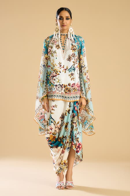 Rajdeep Ranawat Ivory Silk Crystals Round Neck Persian Garden Print And Embellished Tunic Online at Aza Fashions Rajdeep Ranawat_Ivory Silk Crystals Round Neck Persian Garden Print And Embellished Tunic _Online_at_Aza_Fashions