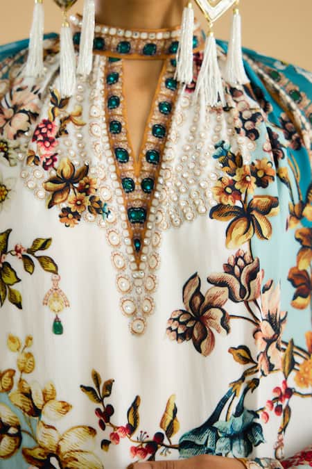 Rajdeep Ranawat Ivory Silk Crystals Round Neck Persian Garden Print And Embellished Tunic at Aza Fashions Rajdeep Ranawat_Ivory Silk Crystals Round Neck Persian Garden Print And Embellished Tunic _at_Aza_Fashions