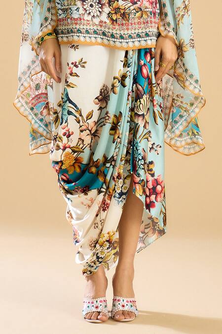 Rajdeep Ranawat_Ivory Modal, Satin Persian Garden Print Cowl Draped Skirt _Online_at_Aza_Fashions