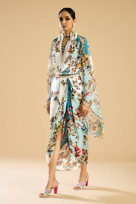 Shop_Rajdeep Ranawat_Ivory Modal, Satin Persian Garden Print Cowl Draped Skirt _Online_at_Aza_Fashions