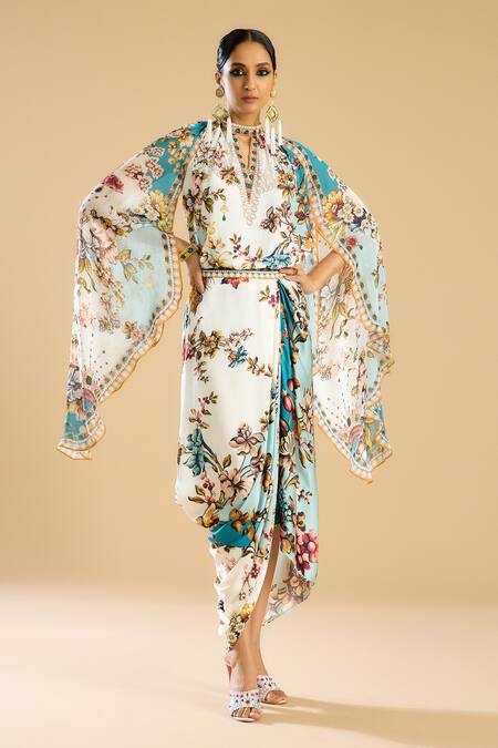 Rajdeep Ranawat_Ivory Modal, Satin Persian Garden Print Cowl Draped Skirt _at_Aza_Fashions