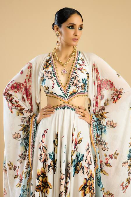 Rajdeep Ranawat Ivory Silk, Chiffon Crystals, Persian Bloom Print And Embellished High Low Gown Online at Aza Fashions Rajdeep Ranawat_Ivory Silk, Chiffon Crystals, Persian Bloom Print And Embellished High Low Gown _Online_at_Aza_Fashions