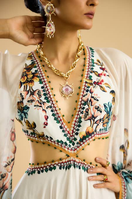 Shop Rajdeep Ranawat Ivory Silk, Chiffon Crystals, Persian Bloom Print And Embellished High Low Gown Online at Aza Fashions Shop_Rajdeep Ranawat_Ivory Silk, Chiffon Crystals, Persian Bloom Print And Embellished High Low Gown _Online_at_Aza_Fashions