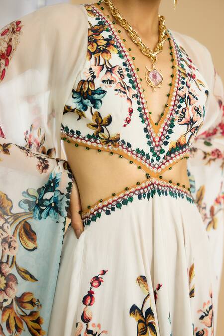 Rajdeep Ranawat Ivory Silk, Chiffon Crystals, Persian Bloom Print And Embellished High Low Gown at Aza Fashions Rajdeep Ranawat_Ivory Silk, Chiffon Crystals, Persian Bloom Print And Embellished High Low Gown _at_Aza_Fashions