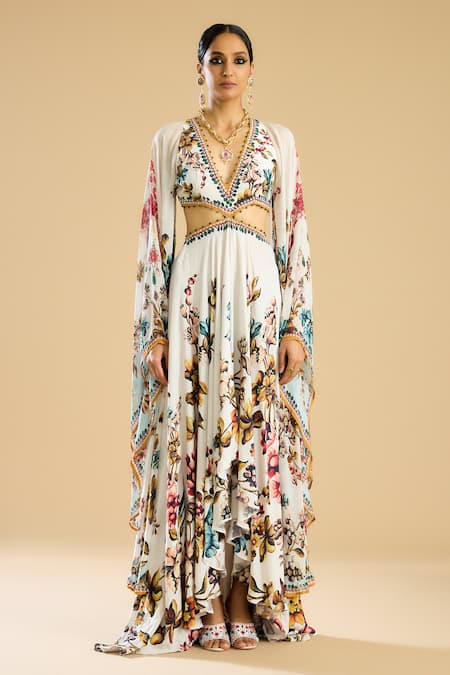 Buy Rajdeep Ranawat Ivory Silk, Chiffon Crystals, Persian Bloom Print And Embellished High Low Gown Buy_Rajdeep Ranawat_Ivory Silk, Chiffon Crystals, Persian Bloom Print And Embellished High Low Gown