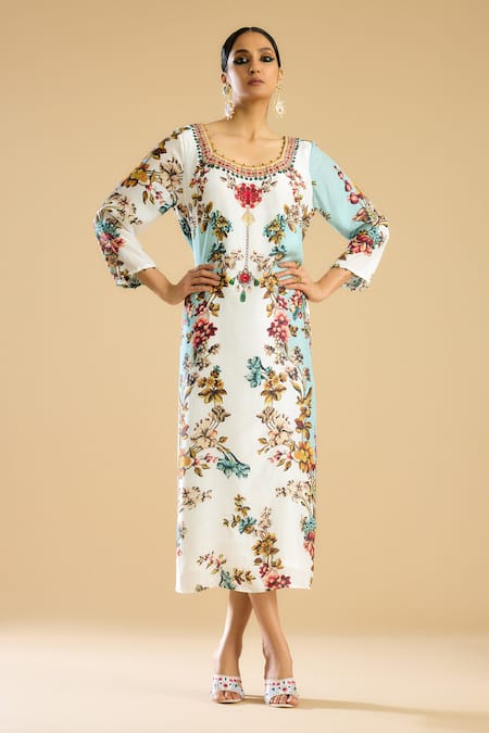 Rajdeep Ranawat Persian Blossom Print & Embellished A Line Dress 