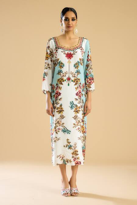 Rajdeep Ranawat_Ivory Silk Crystals Round Neck Persian Blossom Print And Embellished A Line Dress _Online_at_Aza_Fashions