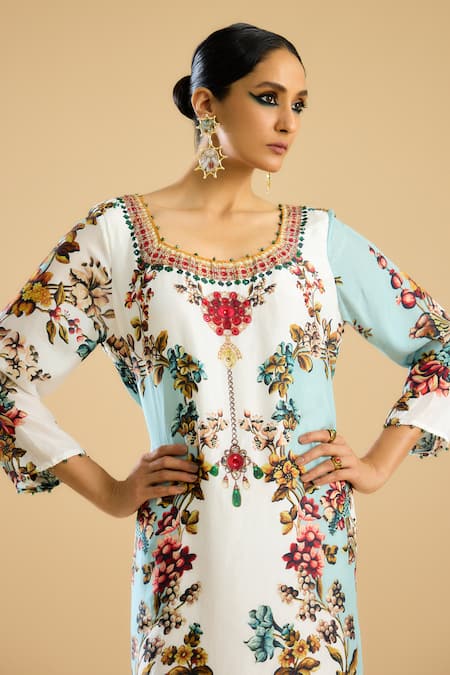 Rajdeep Ranawat_Ivory Silk Crystals Round Neck Persian Blossom Print And Embellished A Line Dress _at_Aza_Fashions