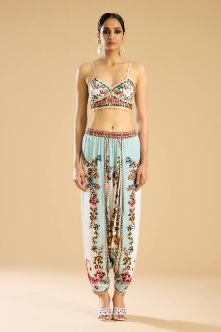Rajdeep Ranawat Ivory Crystals, Pearls, Mirrors Florista Print Embellished Bralette Online at Aza Fashions Rajdeep Ranawat_Ivory Crystals, Pearls, Mirrors Florista Print Embellished Bralette _Online_at_Aza_Fashions