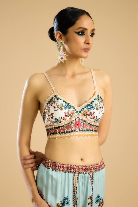 Shop Rajdeep Ranawat Ivory Crystals, Pearls, Mirrors Florista Print Embellished Bralette Online at Aza Fashions Shop_Rajdeep Ranawat_Ivory Crystals, Pearls, Mirrors Florista Print Embellished Bralette _Online_at_Aza_Fashions