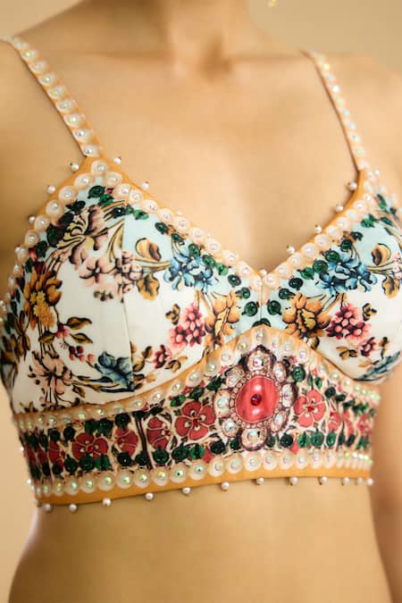 Rajdeep Ranawat Ivory Crystals, Pearls, Mirrors Florista Print Embellished Bralette at Aza Fashions Rajdeep Ranawat_Ivory Crystals, Pearls, Mirrors Florista Print Embellished Bralette _at_Aza_Fashions