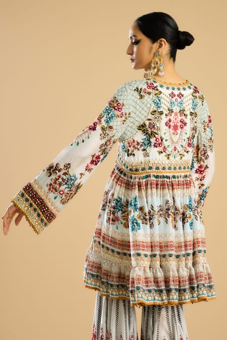 Shop Rajdeep Ranawat Ivory Silk Pearls, Mirrors Round Neck Boho Flora Print Embellished Tunic at Aza Fashions Shop_Rajdeep Ranawat_Ivory Silk Pearls, Mirrors Round Neck Boho Flora Print Embellished Tunic _at_Aza_Fashions