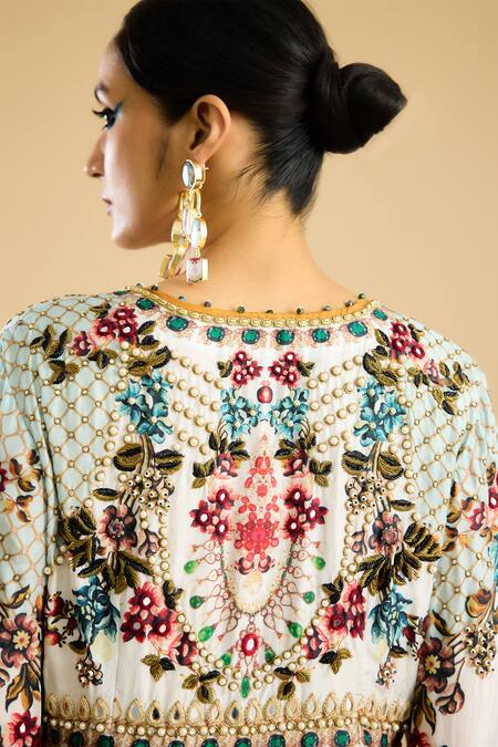 Rajdeep Ranawat Ivory Silk Pearls, Mirrors Round Neck Boho Flora Print Embellished Tunic Online at Aza Fashions Rajdeep Ranawat_Ivory Silk Pearls, Mirrors Round Neck Boho Flora Print Embellished Tunic _Online_at_Aza_Fashions