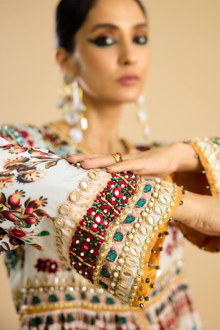 Shop Rajdeep Ranawat Ivory Silk Pearls, Mirrors Round Neck Boho Flora Print Embellished Tunic Online at Aza Fashions Shop_Rajdeep Ranawat_Ivory Silk Pearls, Mirrors Round Neck Boho Flora Print Embellished Tunic _Online_at_Aza_Fashions