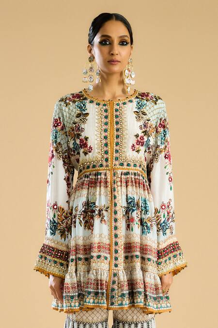 Rajdeep Ranawat Ivory Silk Pearls, Mirrors Round Neck Boho Flora Print Embellished Tunic at Aza Fashions Rajdeep Ranawat_Ivory Silk Pearls, Mirrors Round Neck Boho Flora Print Embellished Tunic _at_Aza_Fashions