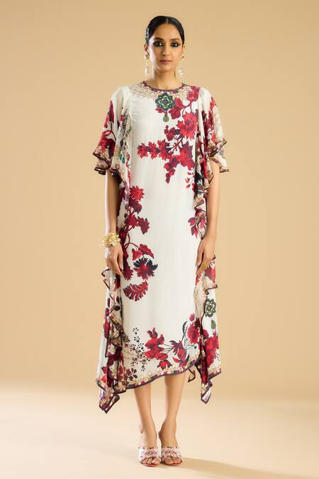 Rajdeep Ranawat_Ivory Silk Crystals Round Neck Florence Print Side Frill Midi Dress _Online_at_Aza_Fashions