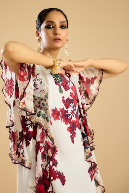 Shop_Rajdeep Ranawat_Ivory Silk Crystals Round Neck Florence Print Side Frill Midi Dress _Online_at_Aza_Fashions