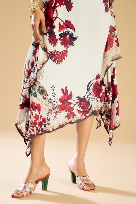 Rajdeep Ranawat_Ivory Silk Crystals Round Neck Florence Print Side Frill Midi Dress _at_Aza_Fashions