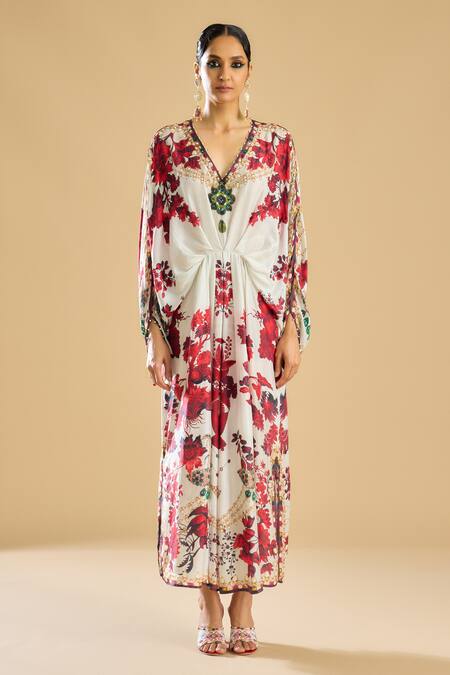 Rajdeep Ranawat_Ivory Silk Crystals, Mirrors, Pearls V-neck Fleur Print And Embellished Kaftan _Online_at_Aza_Fashions